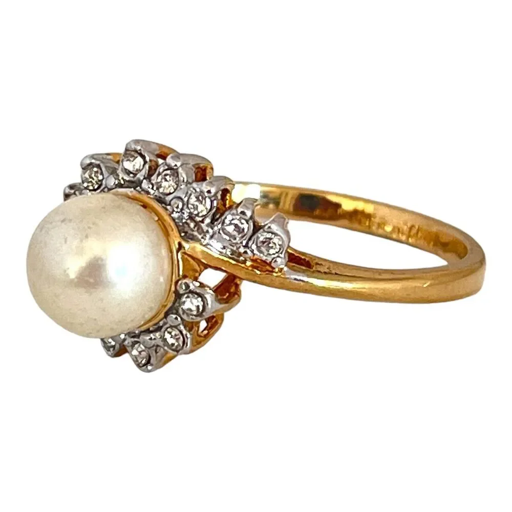 Vintage 1980s ESPO Joseph Esposito Pearl Halo Ring Crystal Accent Gold Tone - 5Z